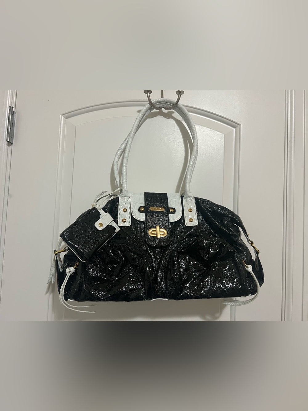 Sharif Studio 3-Piece Black & White Patent Croc-Embossed Y2K Bag Set Like New
